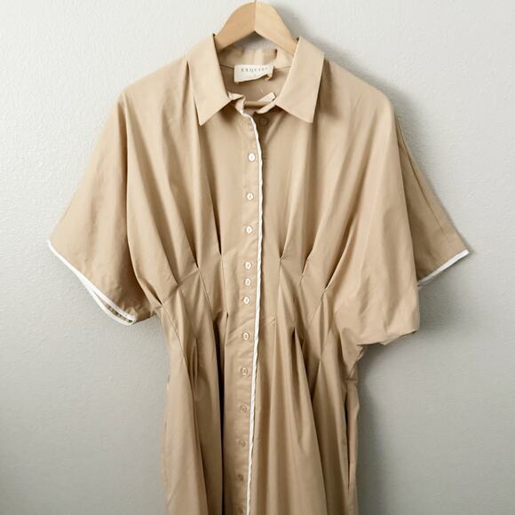 EXQUISE x ANTHROPOLOGIE |  Tobie Shirt Dress Pleated Waist Beige Tan White | XL - Picture 5 of 12